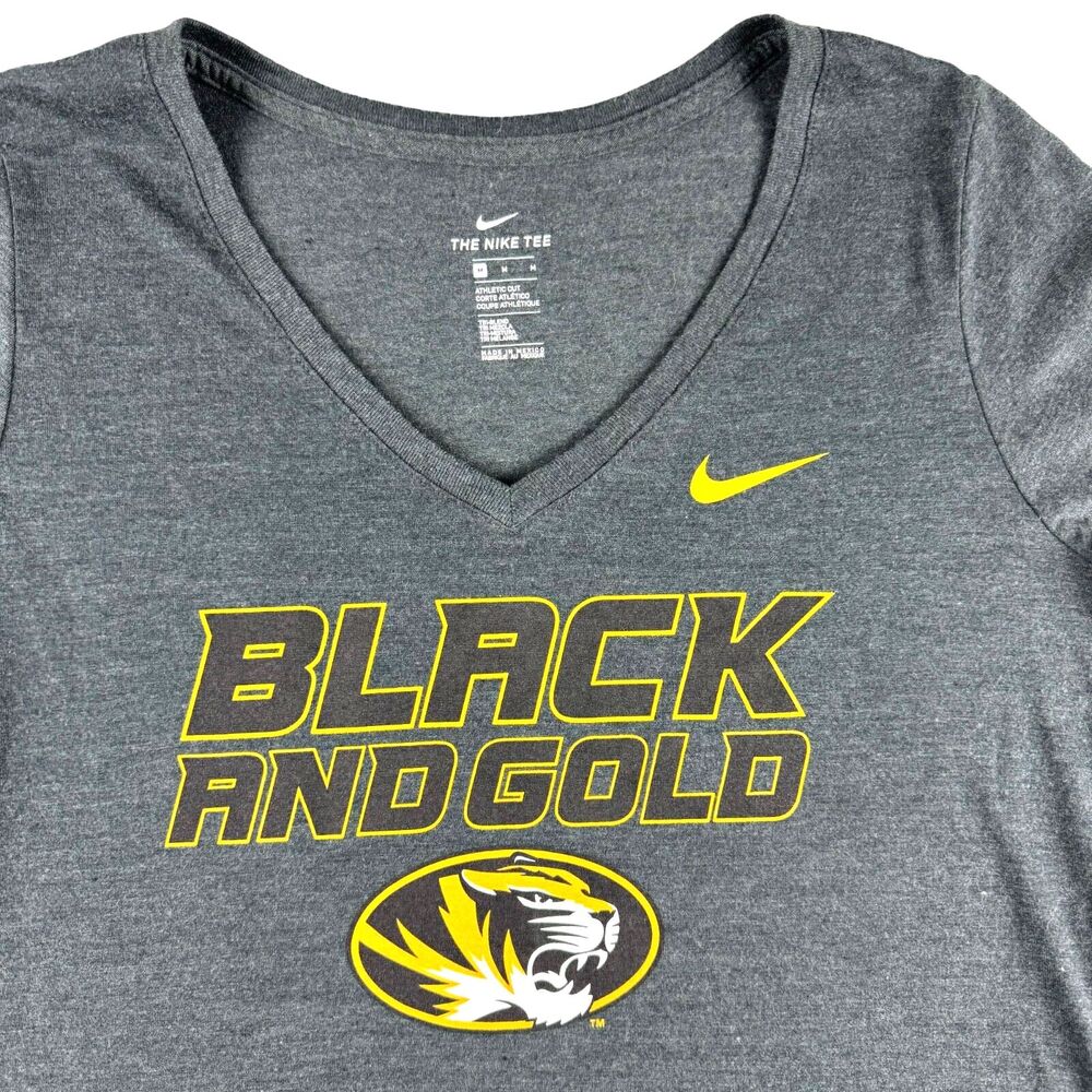 Mizzou Shirt Women's Medium Gray Short Sleeve Black and Gold Tigers V-Neck NIKE